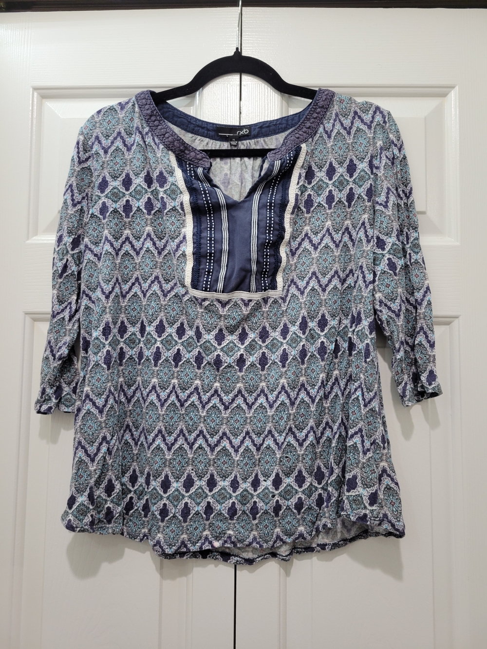 RXB Blue, Green, & Purple Patterned Boho Peasant 3/4 Sleeve Blouse